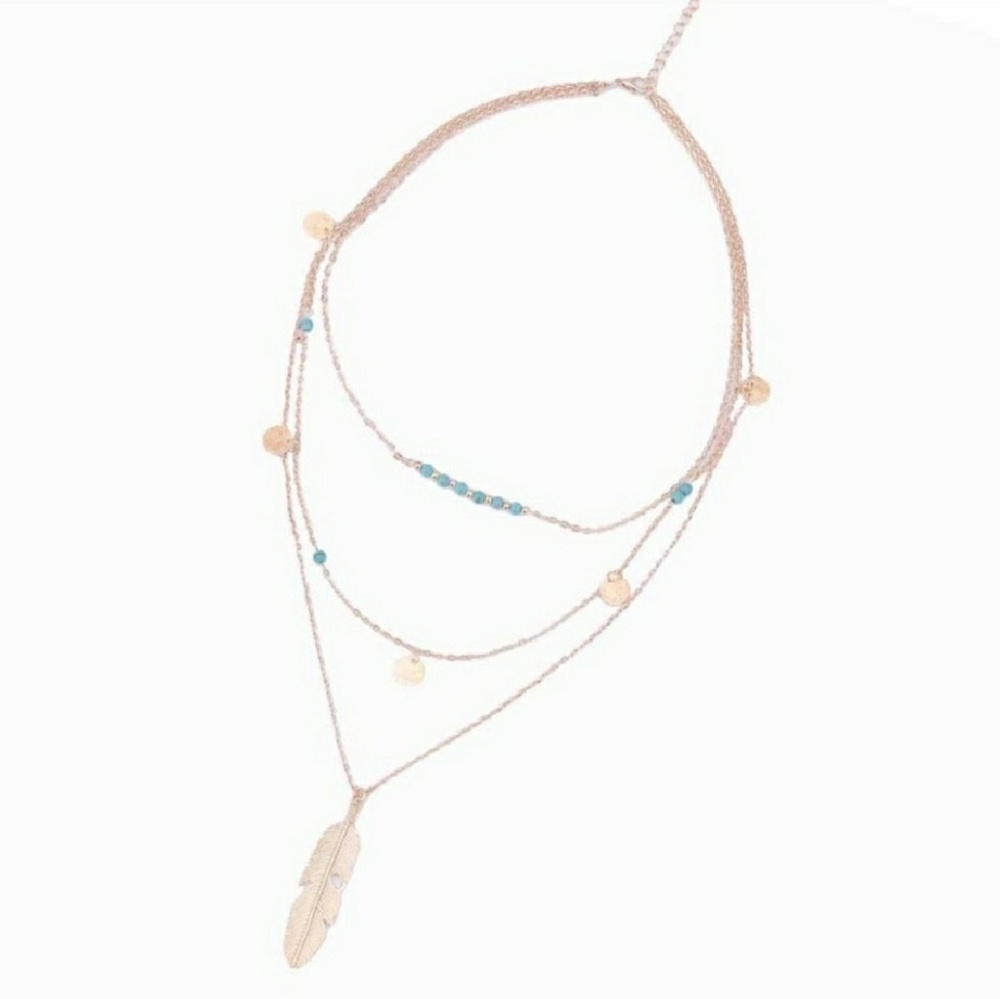 Turquoise Golden Feather Multi Layer Necklace - Picture 3 of 3